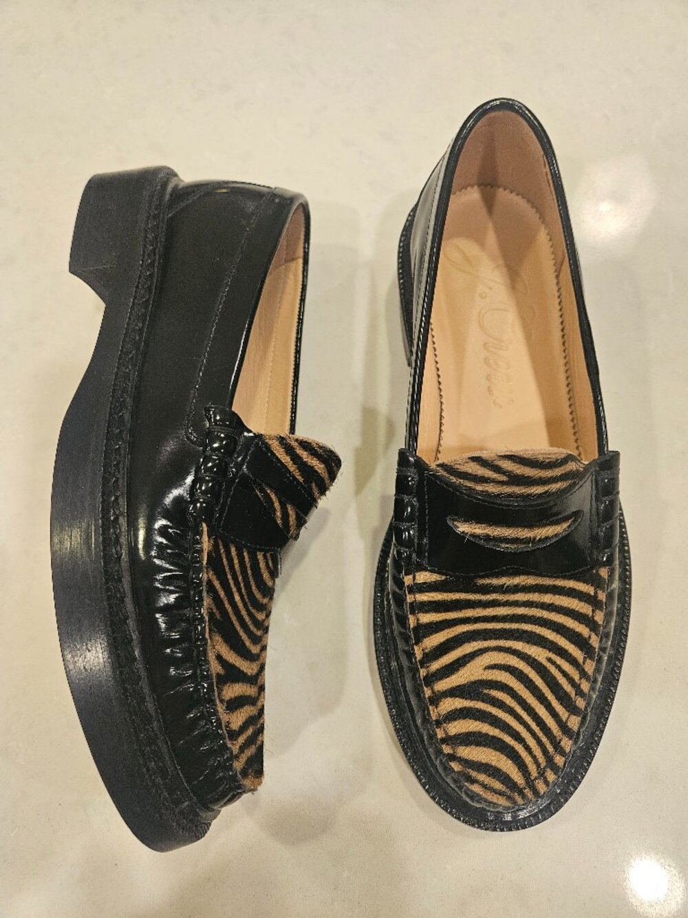 J.Crew Rowan Calf-Hair Ruched Penny Loafer - Black Patent & Leopard - Size 7.5